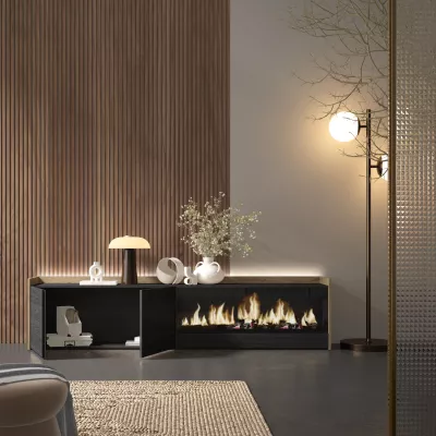Mueble TV con chimenea eléctrica y luces LED