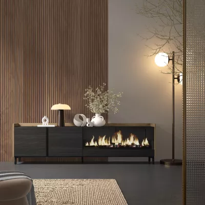 Mueble TV con chimenea eléctrica negro y roble 212x35x61cm