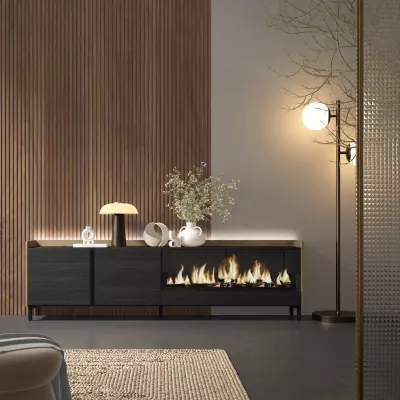 Meuble TV avec cheminée électrique et lumières LED design industriel