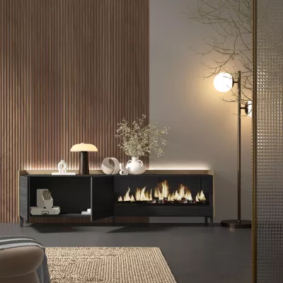 Meuble TV avec cheminée électrique et lumières LED design industriel