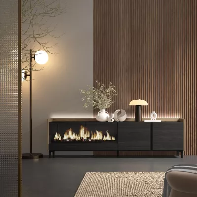 Mueble TV con chimenea eléctrica y luces LED diseño industrial