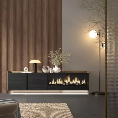 Mueble TV suspendido con chimenea eléctrica y luces LED