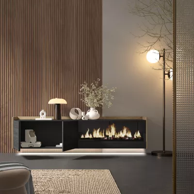 Meuble TV suspendu avec cheminée électrique et lumières LED