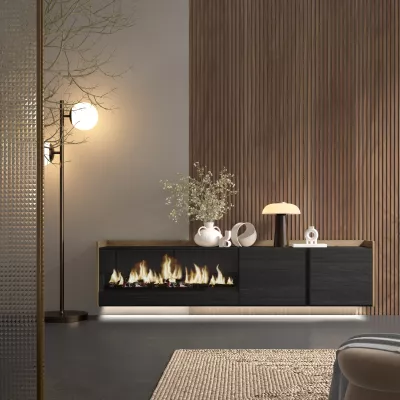 Meuble TV suspendu avec cheminée électrique et lumières LED