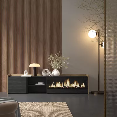 Mueble TV con chimenea eléctrica | negro y roble