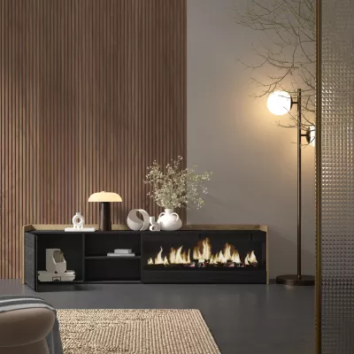 Mueble TV con chimenea eléctrica | negro y roble