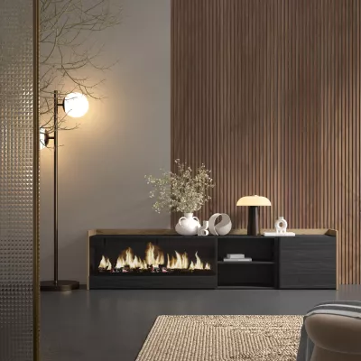 Mueble TV con chimenea eléctrica | negro y roble