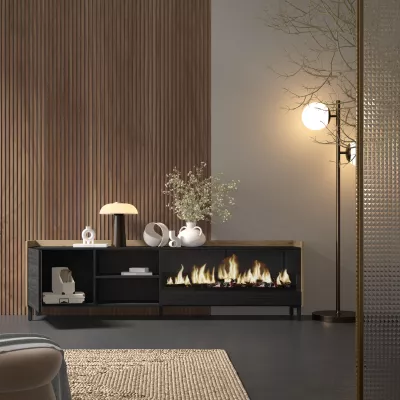 Meuble TV avec cheminée électrique et design industriel