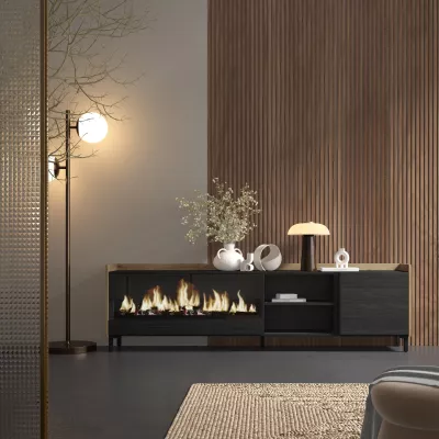 Meuble TV avec cheminée électrique et design industriel