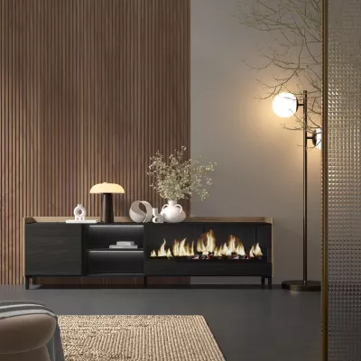 Mueble TV con chimenea eléctrica y luces LED estilo industrial