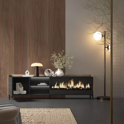 Meuble TV avec cheminée électrique et lumières LED style industriel