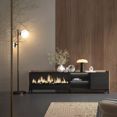 Meuble TV avec cheminée électrique et lumières LED style industriel