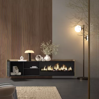 Mueble TV chimenea eléctrica negro/roble 212x35x50cm