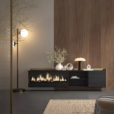 Mueble TV chimenea eléctrica negro/roble 212x35x50cm