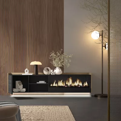 Mueble TV suspendido con chimenea eléctrica y luces LED