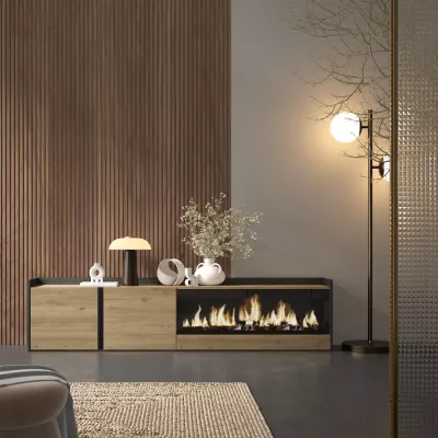 Mueble TV con chimenea eléctrica roble y negro 212x35x50cm