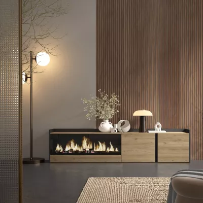 Mueble TV con chimenea eléctrica roble y negro 212x35x50cm