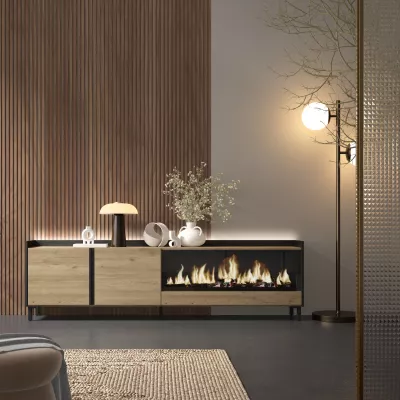 Meuble TV avec cheminée électrique et lumières LED style industriel