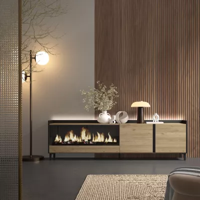 Meuble TV avec cheminée électrique et lumières LED style industriel