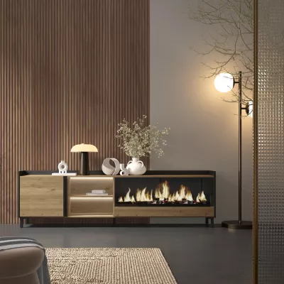 Meuble TV avec cheminée électrique et éclairage LED style industriel