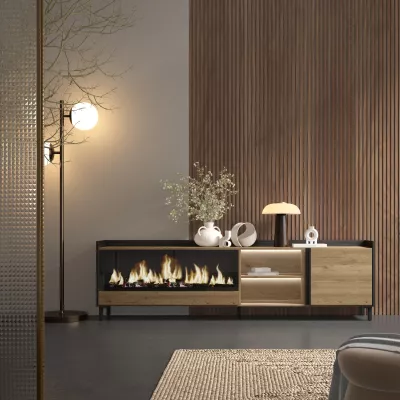 Meuble TV avec cheminée électrique et éclairage LED style industriel