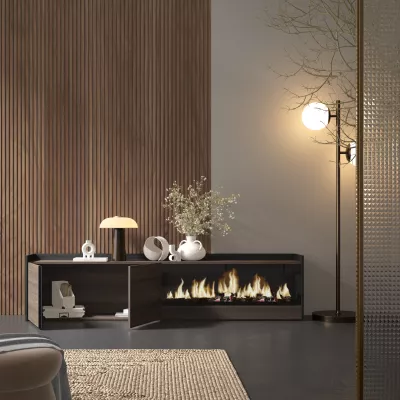 Meuble TV avec cheminée électrique | chêne foncé et noir