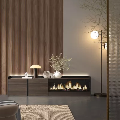 Meuble TV avec cheminée électrique et lumières LED