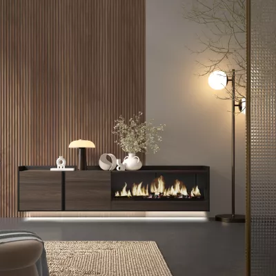 Meuble TV suspendu avec cheminée électrique et lumières LED