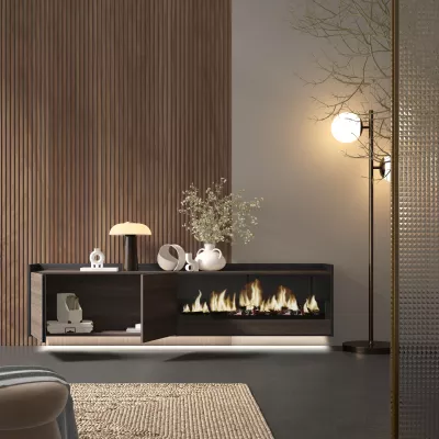 Mueble TV con chimenea eléctrica y luces LED suspendido