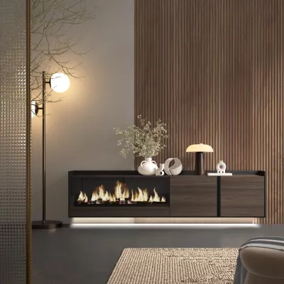 Mueble TV con chimenea eléctrica y luces LED suspendido