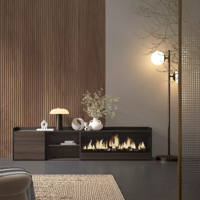 Mueble TV con chimenea eléctrica en | roble oscuro y negro