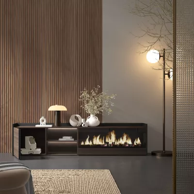 Meuble TV avec cheminée électrique et lumières LED