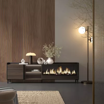 Mueble TV con chimenea eléctrica y luz LED estilo industrial