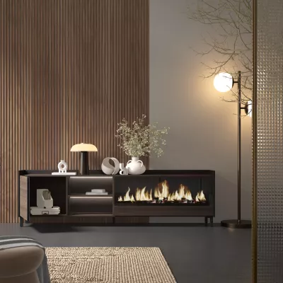 Meuble TV avec cheminée électrique et éclairage LED style industriel