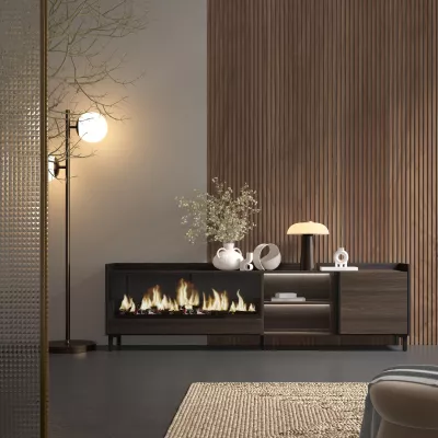 Meuble TV avec cheminée électrique et éclairage LED style industriel