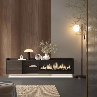 Mueble TV suspendido con chimenea eléctrica y luces LED