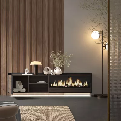 Mueble TV suspendido con chimenea eléctrica y luces LED