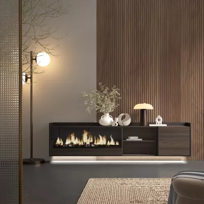 Mueble TV suspendido con chimenea eléctrica y luces LED
