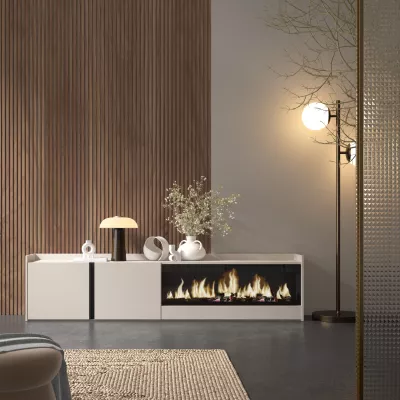 Meuble TV avec cheminée électrique beige