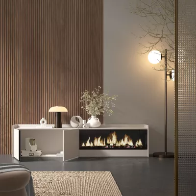 Mueble TV con chimenea eléctrica beige