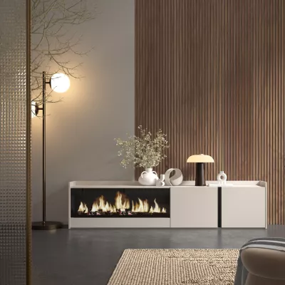 Mueble TV con chimenea eléctrica beige
