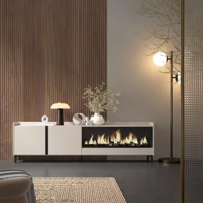 Mueble TV con chimenea eléctrica y diseño industrial