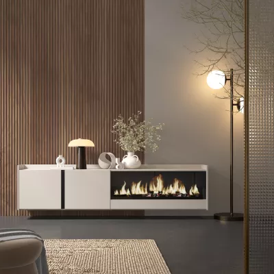 Mueble TV con chimenea eléctrica colgado beige 212x50x35cm
