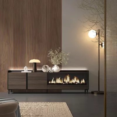 Mueble TV con chimenea eléctrica y luces LED estilo industrial