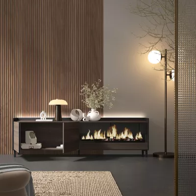 Mueble TV con chimenea eléctrica y luces LED estilo industrial