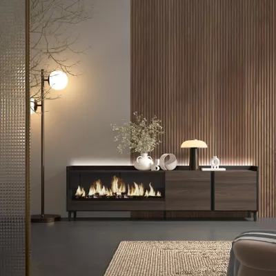 Mueble TV con chimenea eléctrica y luces LED estilo industrial