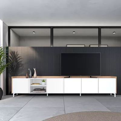 Meuble TV clair au design industriel | blanc et chêne