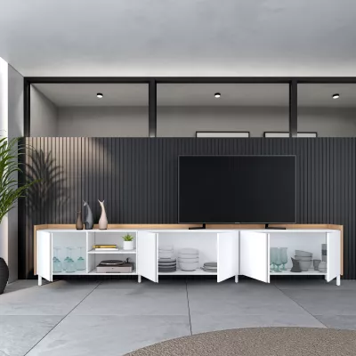 Meuble TV clair au design industriel | blanc et chêne