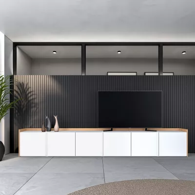 Mueble TV claro | Blanco y roble | 309x50x35cm