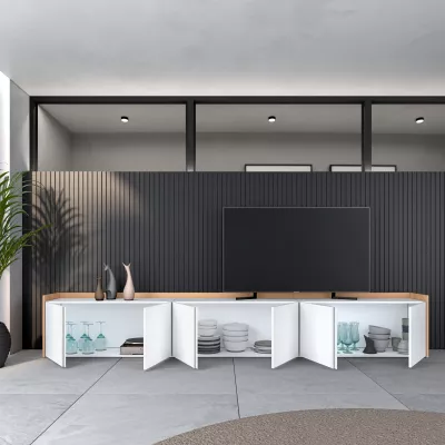 Mueble TV claro | Blanco y roble | 309x50x35cm